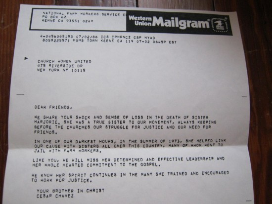 Mailgram foom Cesar Chavez sending his condolence for Sister Marjorie Tuite 7/02/86